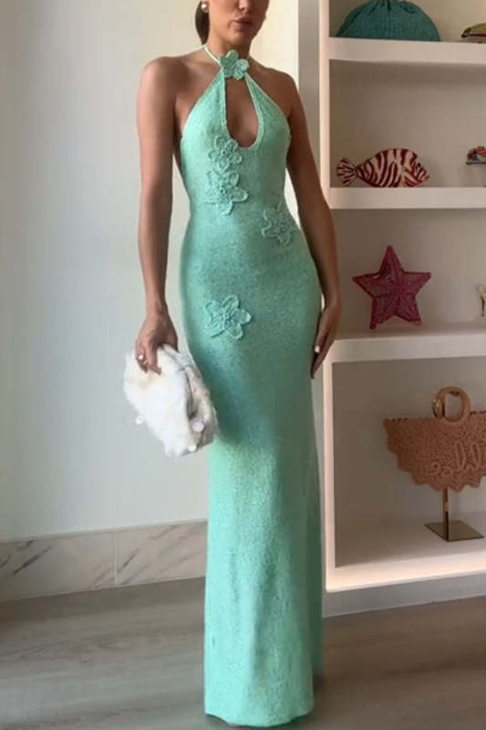 Chic Silhouette Knit Flower Detail Halter Stretch Maxi Dress