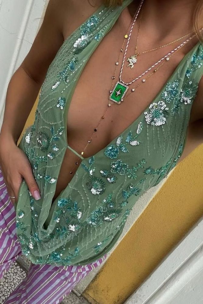 Plant Sequin Sexy Elastic Backless V-Neck Top