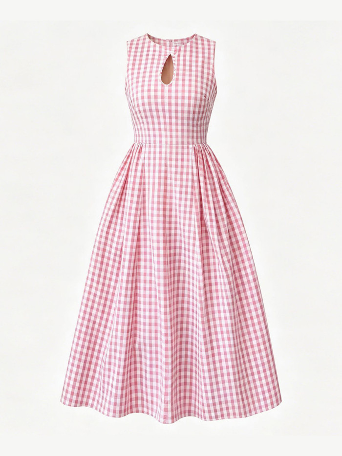 A-line High Waisted Contrast Color Hollow Plain Split-Joint Zipper Round-neck Maxi Dresses