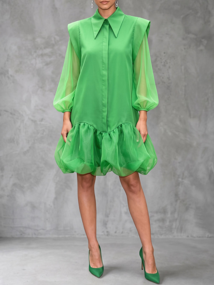 Long Sleeves Loose Buttoned Elasticity Solid Color Split-Joint Lapel Mini Dresses