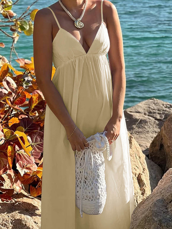 High Waisted Sleeveless Backless Elasticity Pleated Solid Color Spaghetti-Neck Midi Dresses