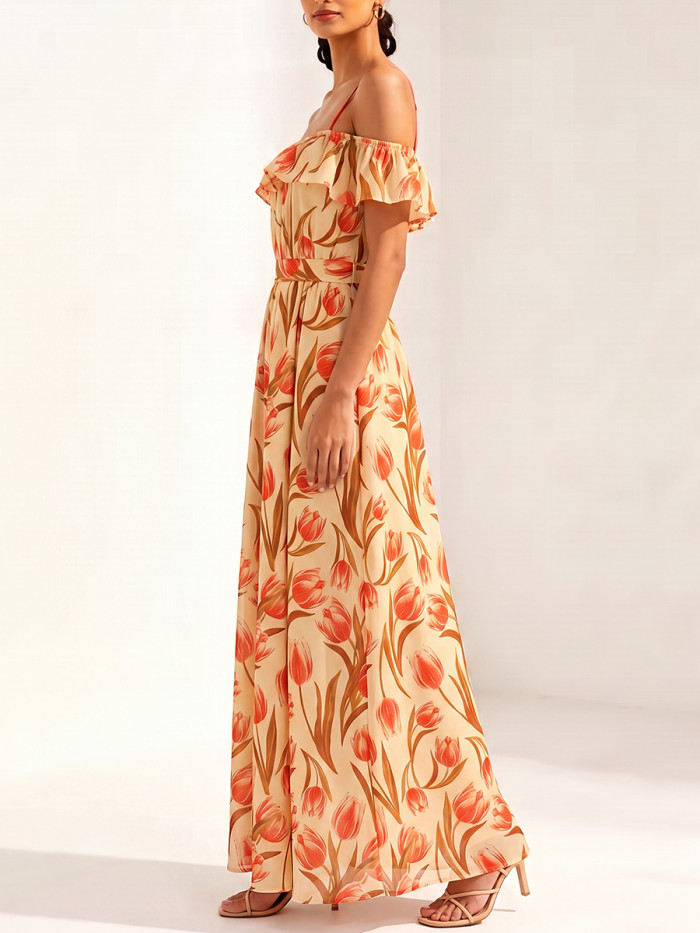 A-Line Loose Contrast Color Elasticity Flower Print Ruffle Trim Tied Waist Off-The-Shoulder Maxi Dresses