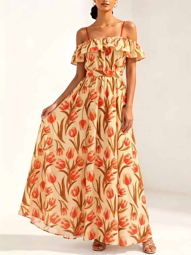 A-Line Loose Contrast Color Elasticity Flower Print Ruffle Trim Tied Waist Off-The-Shoulder Maxi Dresses