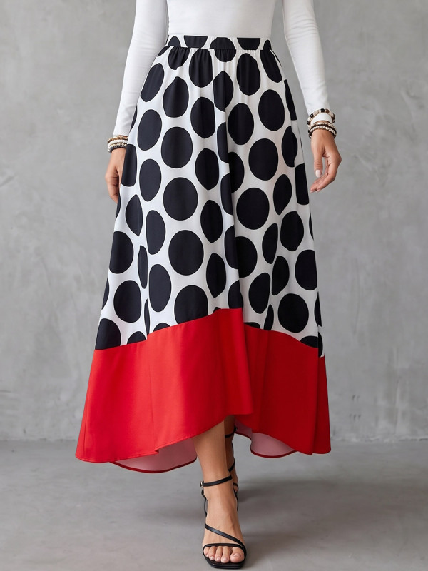 High Waisted High-Low Contrast Color Elasticity Polka Dot Split-Joint Skirts