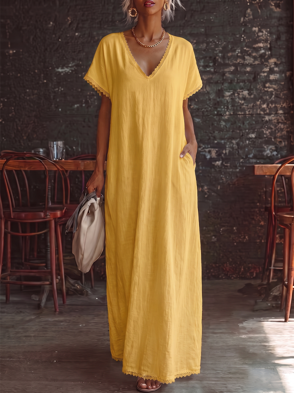 Loose Plus Size Pockets Solid Color Split-Joint V-neck Midi Dresses