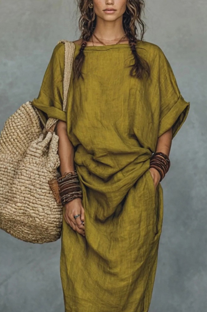 Relaxed Linen Blend Draped Midi Dress | Minimalist Elegant Summer Dress