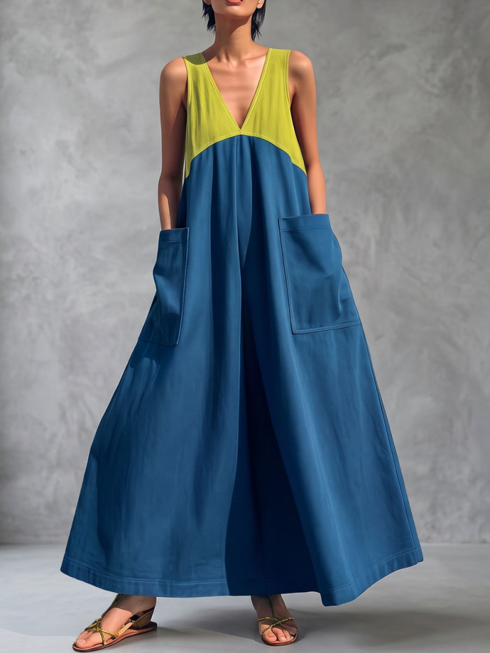 A-line Loose Contrast Color Pockets Split-Joint V-neck Maxi Dresses
