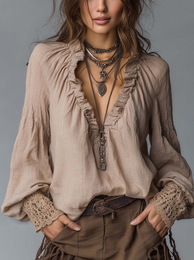Ruffled Pleated Collar Cotton Linen Blouse | Feminine Elegant Everyday Top