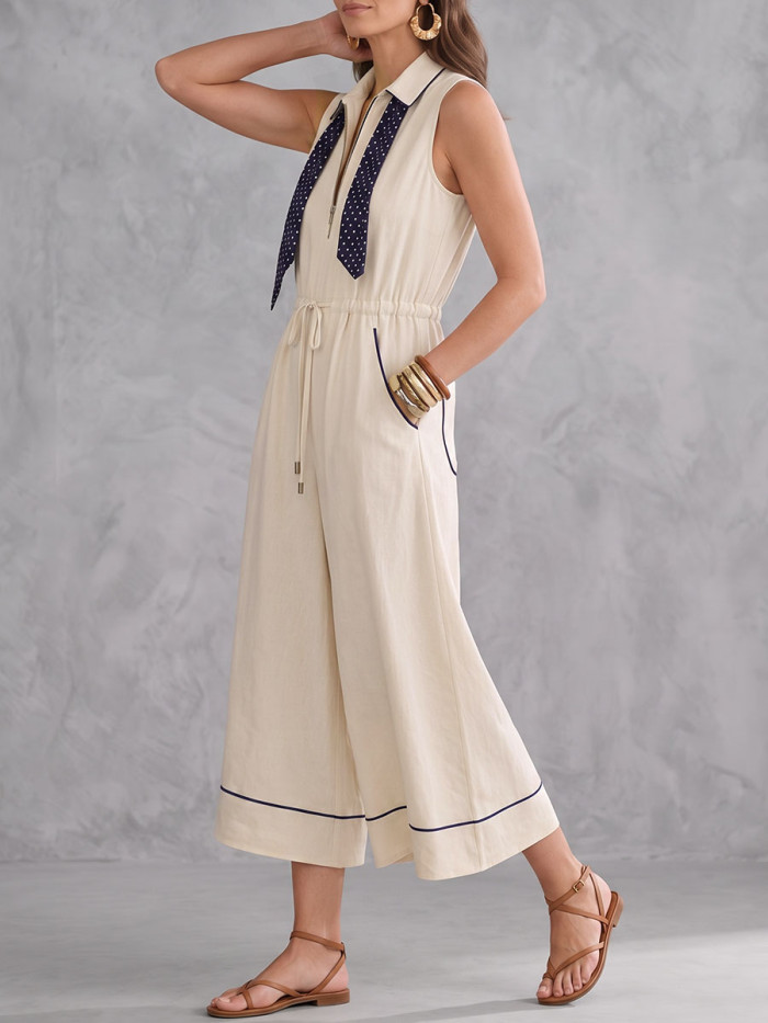 Sleeveless Wide Leg Contrast Color Drawstring Elasticity Pockets Zipper Lapel Jumpsuits