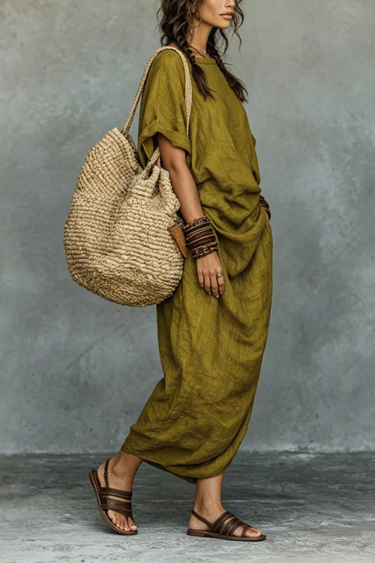 Relaxed Linen Blend Draped Midi Dress | Minimalist Elegant Summer Dress