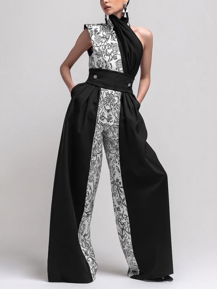 High Waisted Irregularity Buttoned Contrast Color Flower Print Pleated Pockets Split-Joint One-shoulder Jumpsuits