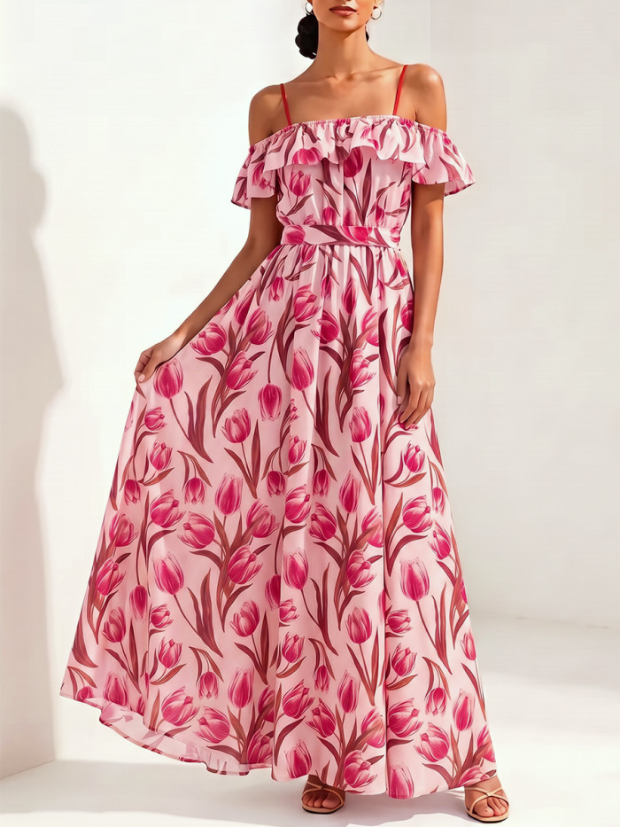 A-Line Loose Contrast Color Elasticity Flower Print Ruffle Trim Tied Waist Off-The-Shoulder Maxi Dresses