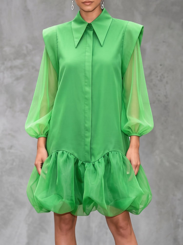 Long Sleeves Loose Buttoned Elasticity Solid Color Split-Joint Lapel Mini Dresses