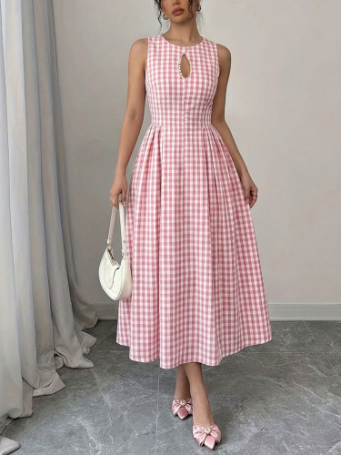 A-line High Waisted Contrast Color Hollow Plain Split-Joint Zipper Round-neck Maxi Dresses