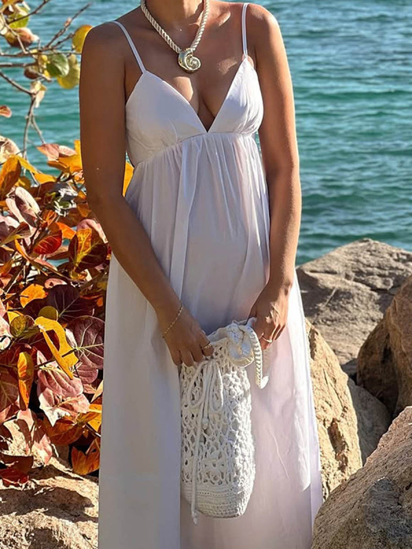 High Waisted Sleeveless Backless Elasticity Pleated Solid Color Spaghetti-Neck Midi Dresses