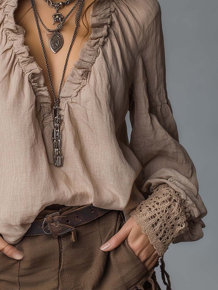 Ruffled Pleated Collar Cotton Linen Blouse | Feminine Elegant Everyday Top