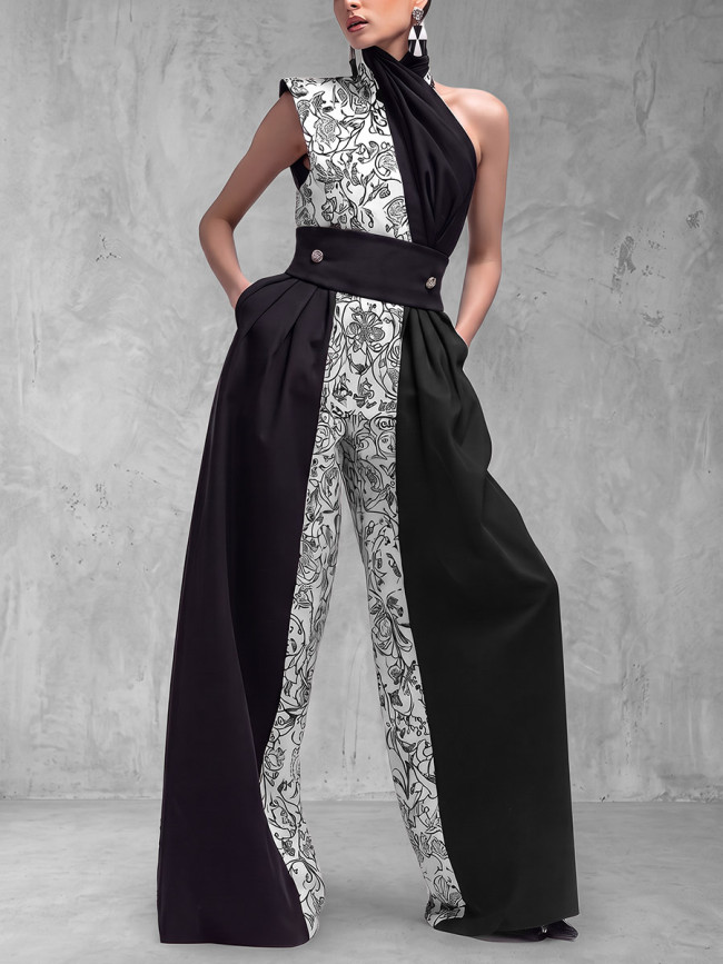 High Waisted Irregularity Buttoned Contrast Color Flower Print Pleated Pockets Split-Joint One-shoulder Jumpsuits