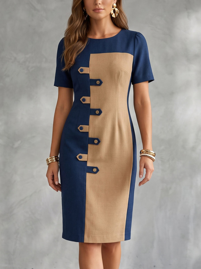 Bodycon Short Sleeves Buttoned Contrast Color Split-Joint Split-back Zipper Round-neck Midi Dresses