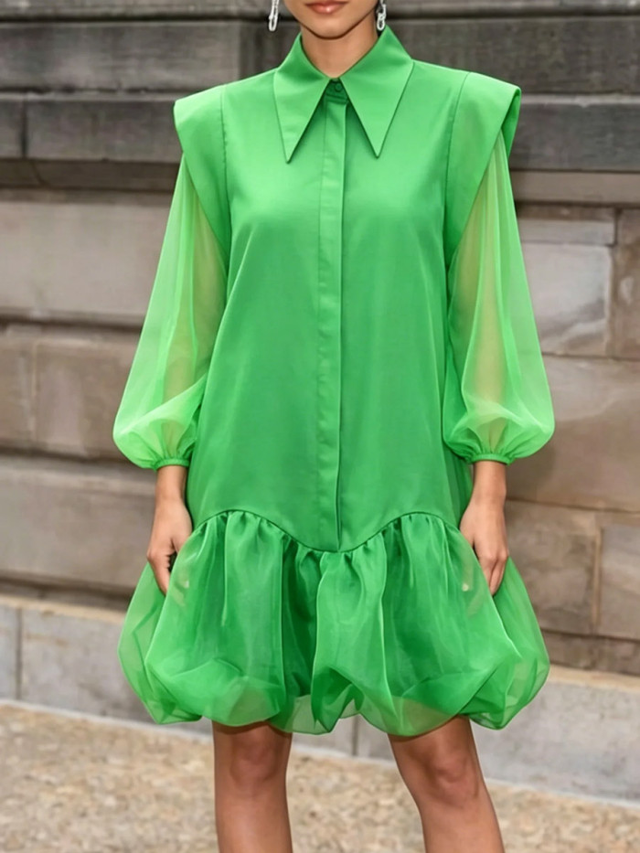 Long Sleeves Loose Buttoned Elasticity Solid Color Split-Joint Lapel Mini Dresses