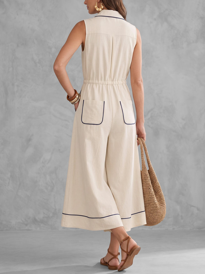 Sleeveless Wide Leg Contrast Color Drawstring Elasticity Pockets Zipper Lapel Jumpsuits