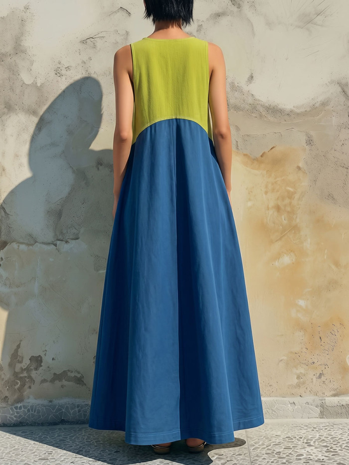 A-line Loose Contrast Color Pockets Split-Joint V-neck Maxi Dresses