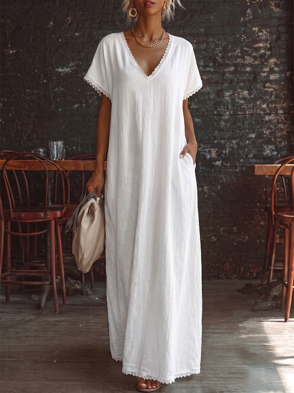 Loose Plus Size Pockets Solid Color Split-Joint V-neck Midi Dresses