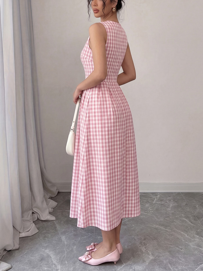 A-line High Waisted Contrast Color Hollow Plain Split-Joint Zipper Round-neck Maxi Dresses