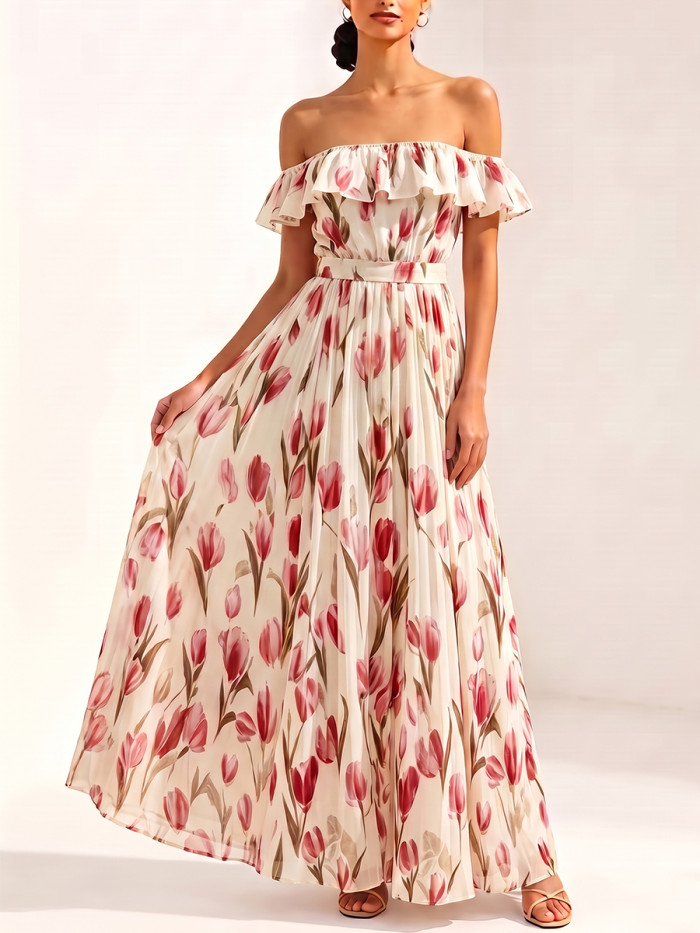 A-Line Loose Contrast Color Elasticity Flower Print Ruffle Trim Tied Waist Off-The-Shoulder Maxi Dresses