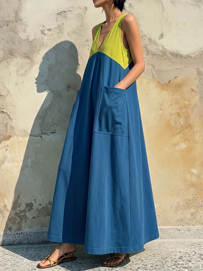 A-line Loose Contrast Color Pockets Split-Joint V-neck Maxi Dresses