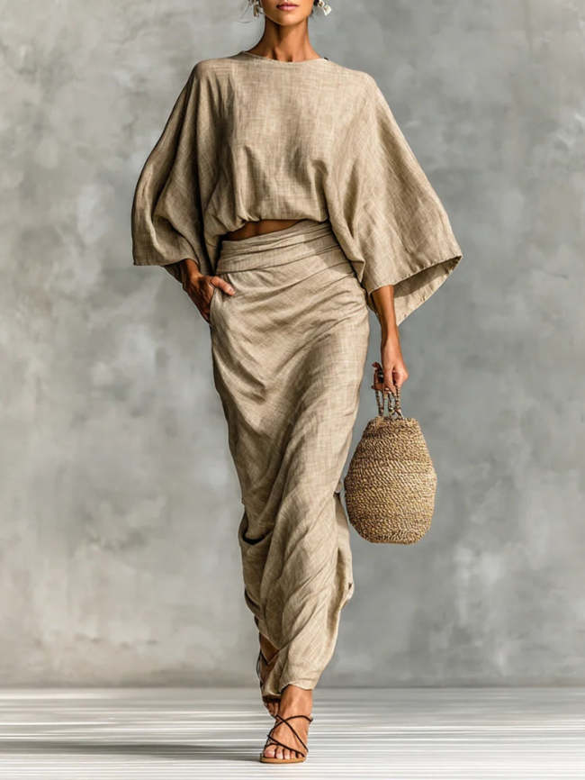 Elegant Two-Piece Skirt Set | Flowing Batwing Top & Maxi Skirt Outfit