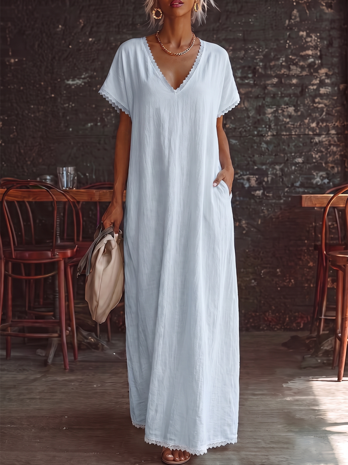 Loose Plus Size Pockets Solid Color Split-Joint V-neck Midi Dresses