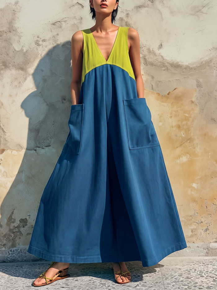 A-line Loose Contrast Color Pockets Split-Joint V-neck Maxi Dresses