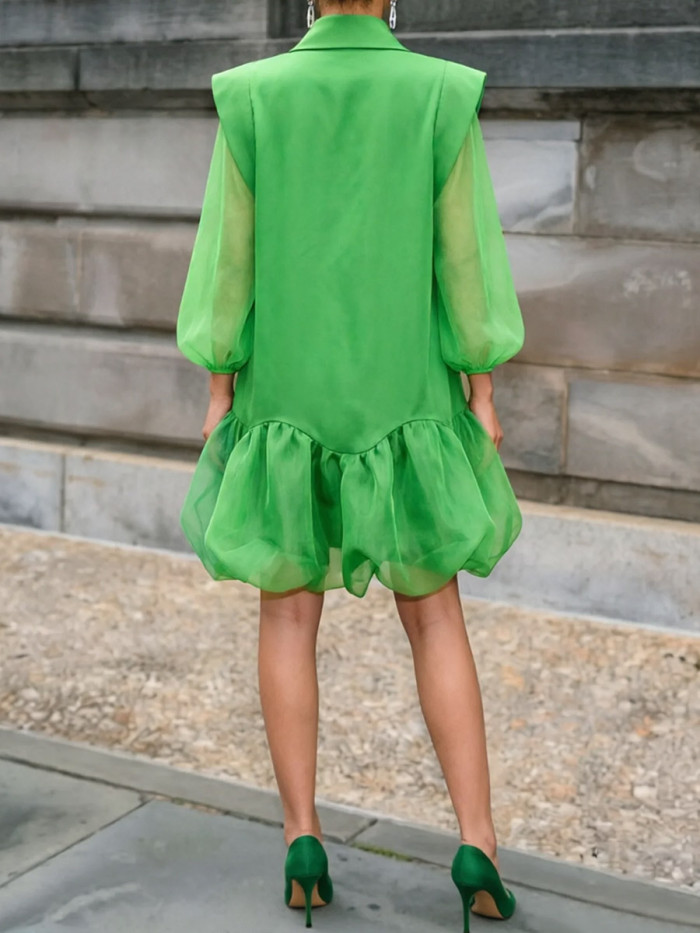 Long Sleeves Loose Buttoned Elasticity Solid Color Split-Joint Lapel Mini Dresses