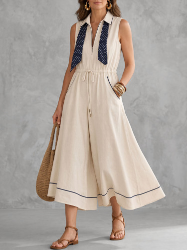 Sleeveless Wide Leg Contrast Color Drawstring Elasticity Pockets Zipper Lapel Jumpsuits