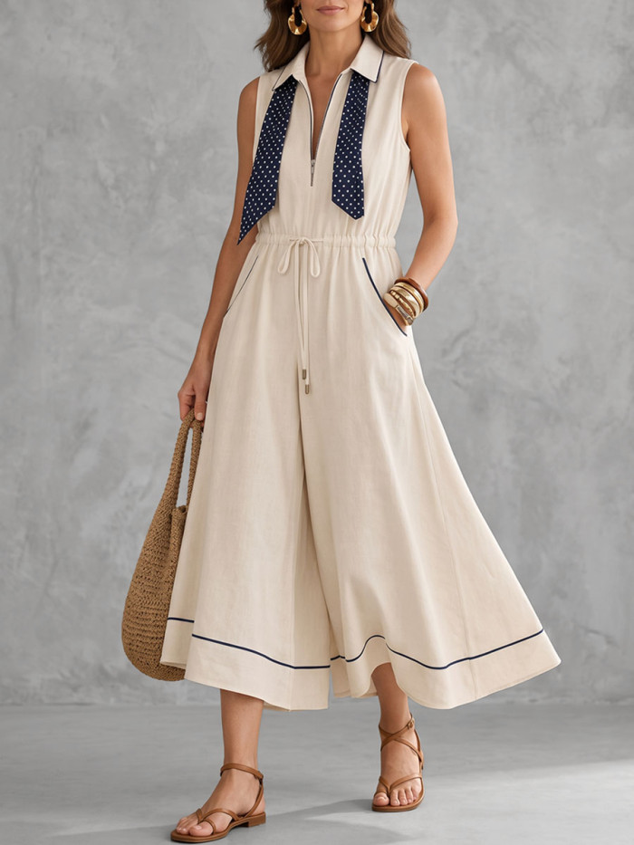 Sleeveless Wide Leg Contrast Color Drawstring Elasticity Pockets Zipper Lapel Jumpsuits