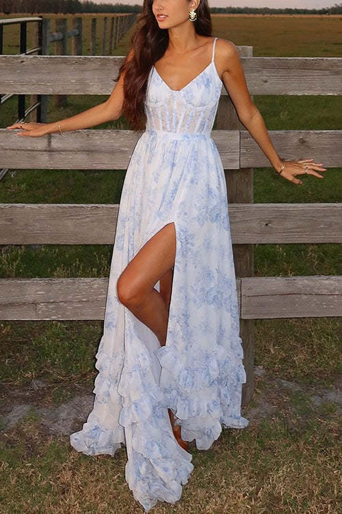 Back Lace-up Ruffle Hem Slit Floral Print Maxi Cami Dress