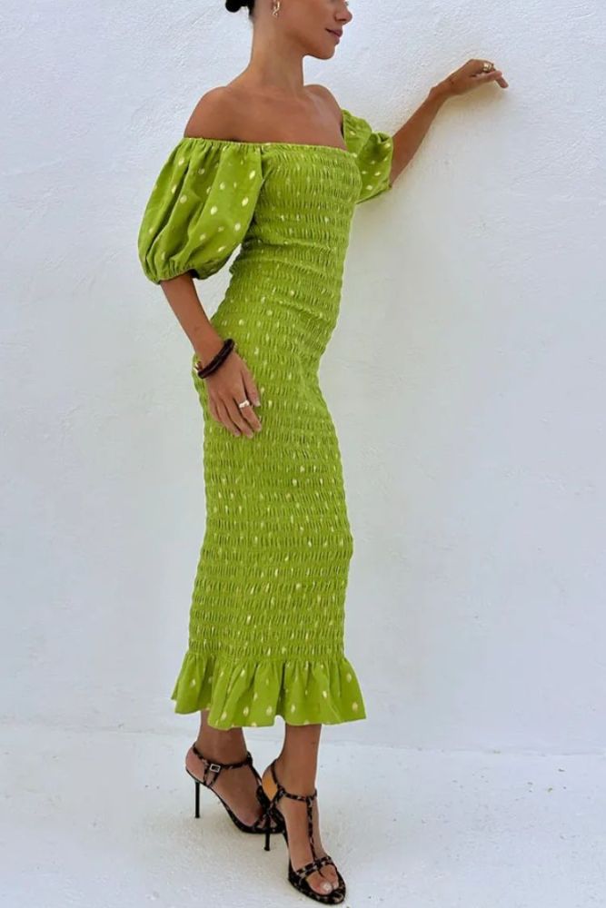 Jojo Smocked Golden Polka Dots Off Shoulder Puff Sleeve Stretch Midi Dress