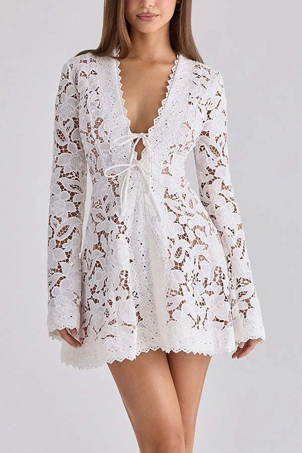 Bianca Lace Floral Pattern Lace Trim Tie-up V-neck Long Sleeve Mini Dress