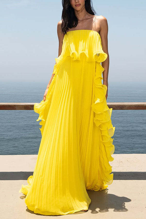 Reina Chiffon Pleated Wavy Ruffles Trim Strapless Loose Maxi Dress