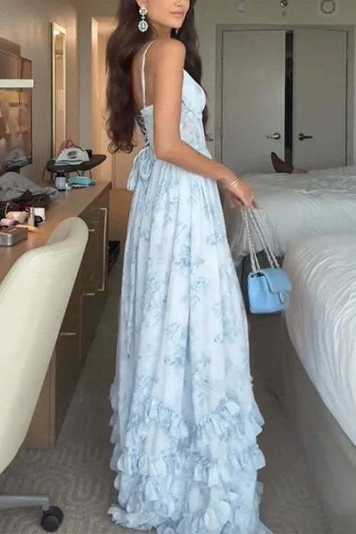 Back Lace-up Ruffle Hem Slit Floral Print Maxi Cami Dress