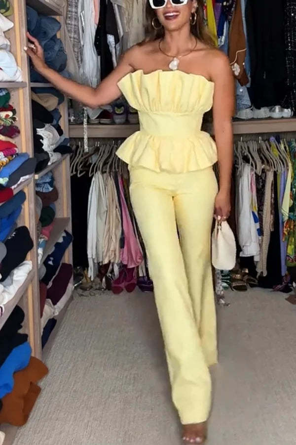 Every Occasion Crepe Panel Ruffles Strapless Top and High Rise Pocketed Flare Pants Set