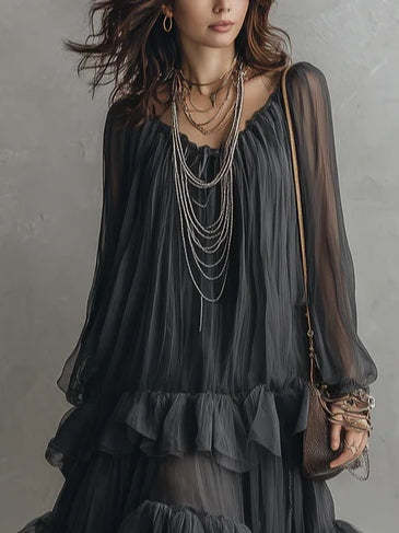 Elegant Black Sheer Maxi Dress with Ruffle Layers – Romantic Summer Evening Look