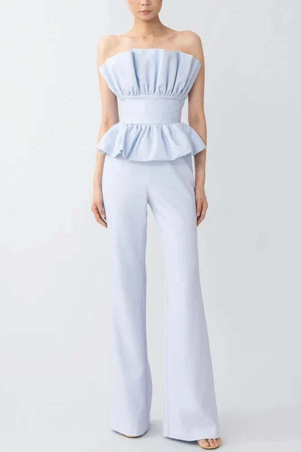 Every Occasion Crepe Panel Ruffles Strapless Top and High Rise Pocketed Flare Pants Set