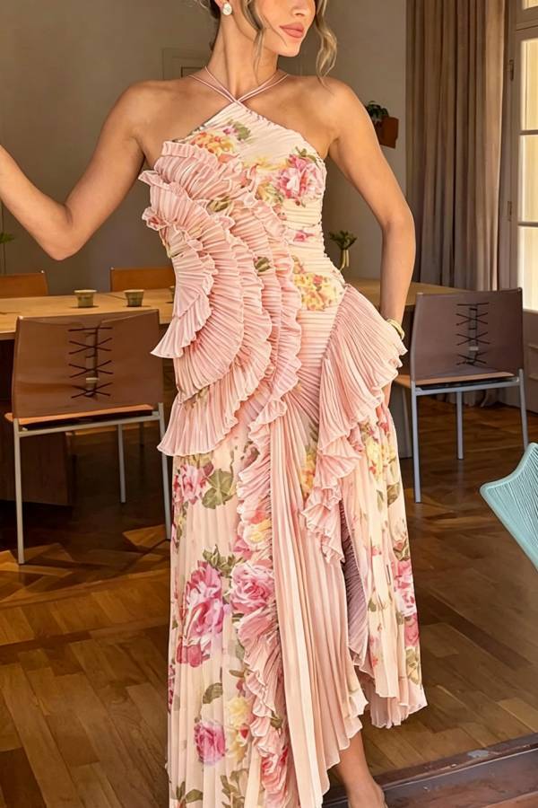 Dream Ode Lily Pad Style Pleats and Ruffles Halter Gown Maxi Dress