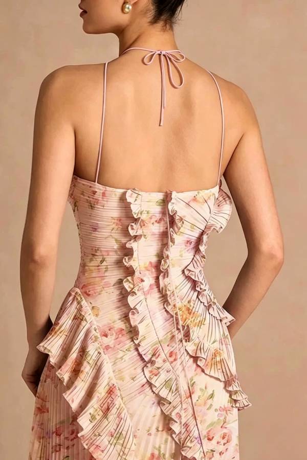 Dream Ode Lily Pad Style Pleats and Ruffles Halter Gown Maxi Dress
