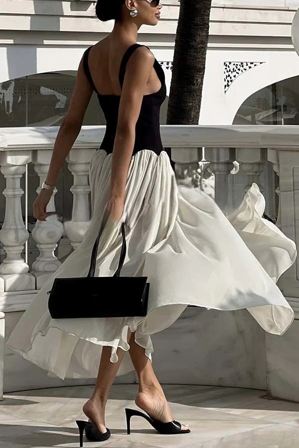 Flowing Elegant V-neck Chiffon Pleated Hem Two-tone Maxi Dress