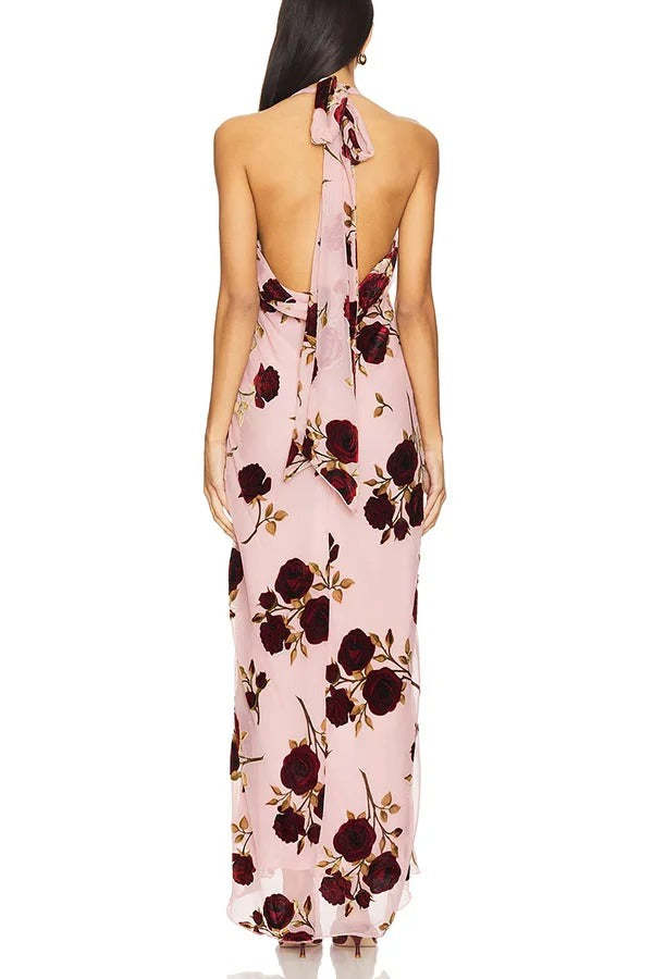 Rose Secret Printed Cowl Neck Halter Backless Maxi Dress