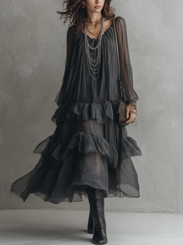 Elegant Black Sheer Maxi Dress with Ruffle Layers – Romantic Summer Evening Look