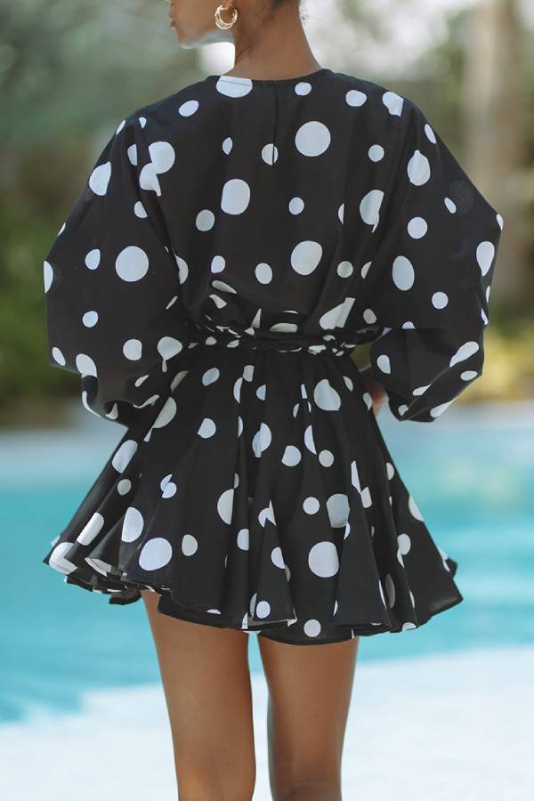 Breezy Chic Polka Dot Balloon Sleeve Tie-up Pleated Loose Mini Dress