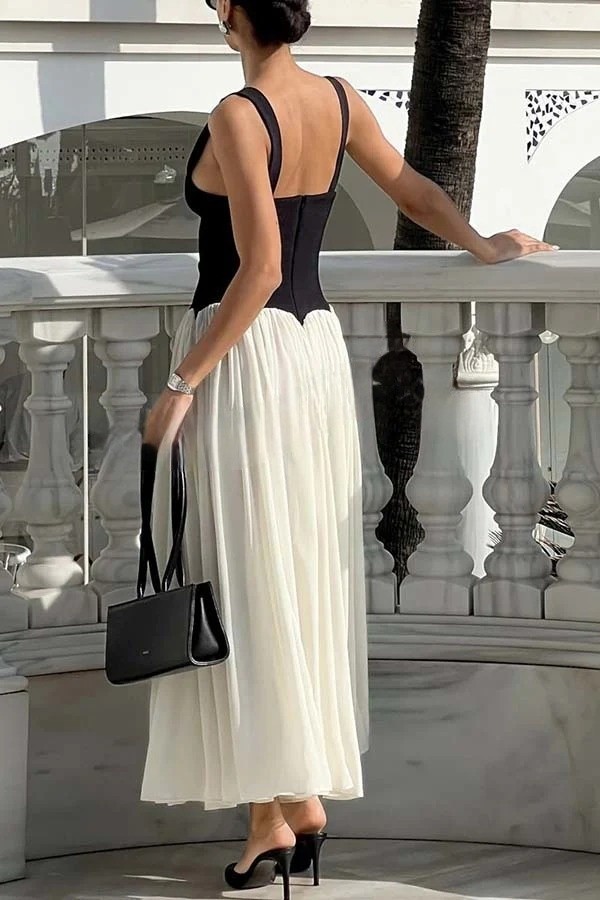 Flowing Elegant V-neck Chiffon Pleated Hem Two-tone Maxi Dress
